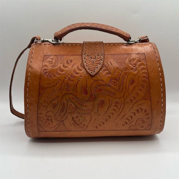 Vintage Tooled Leather Top Handle Handbag Tan Women's Purse Made In Vegas - Picture 9 of 15